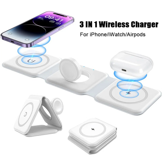 3 in 1 Wireless Charging Station for Apple MagSafe Charger, Foldable Magnetic Travel Charger for iPhone Apple Watch AirPods Pro